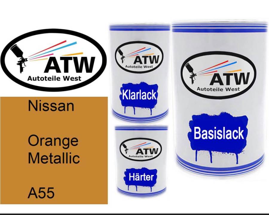 Nissan, Orange Metallic, A55: 500ml Lackdose + 500ml Klarlack + 250ml Härter - Set, von ATW Autoteile West.
